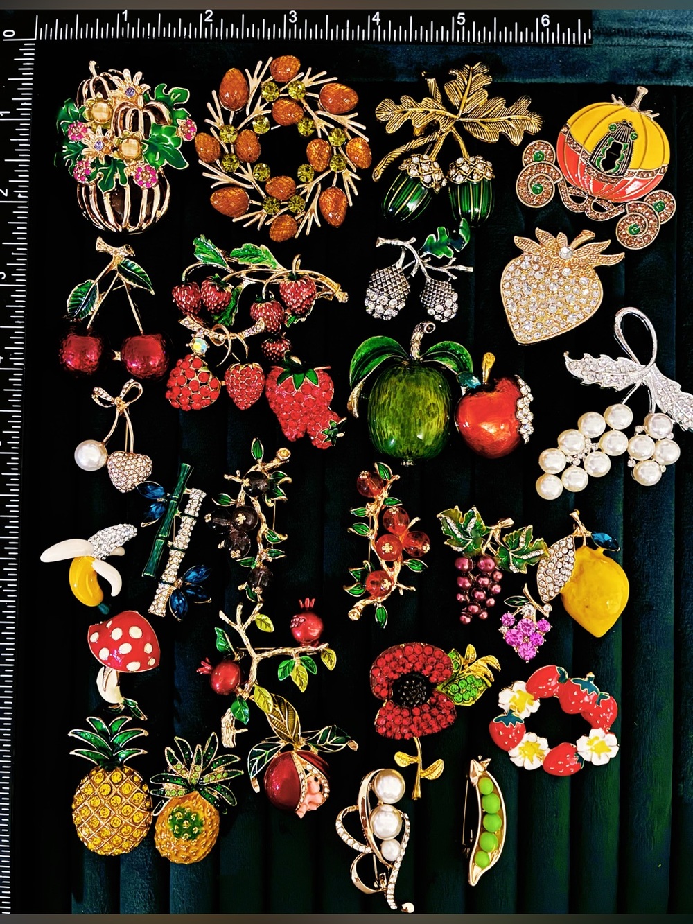 30 Pc Lot Fruit & Vegetable Brooch Pins Rhinestone Enamel Food Jewelry